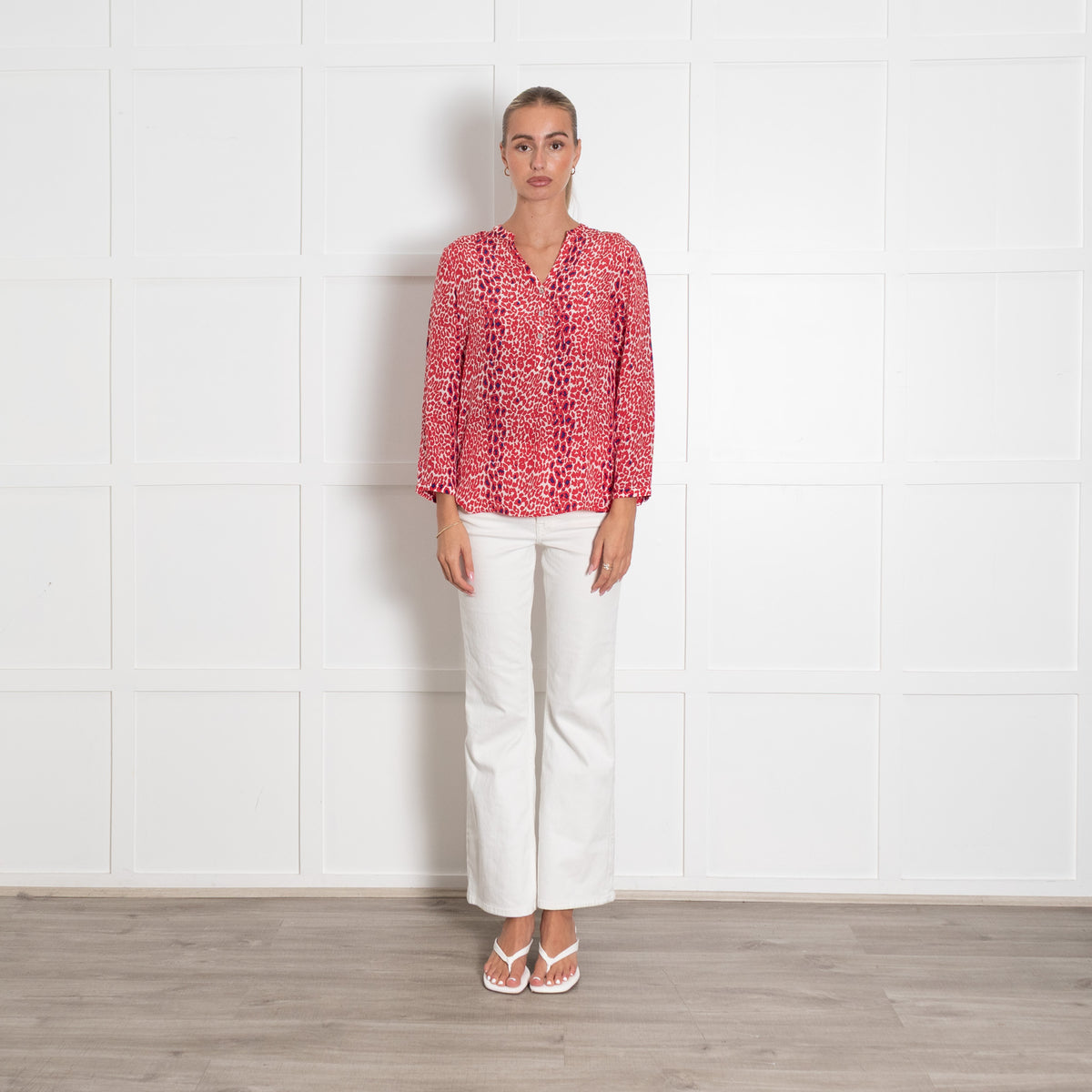Mercy Delta Red Animal Print Collarless Blouse
