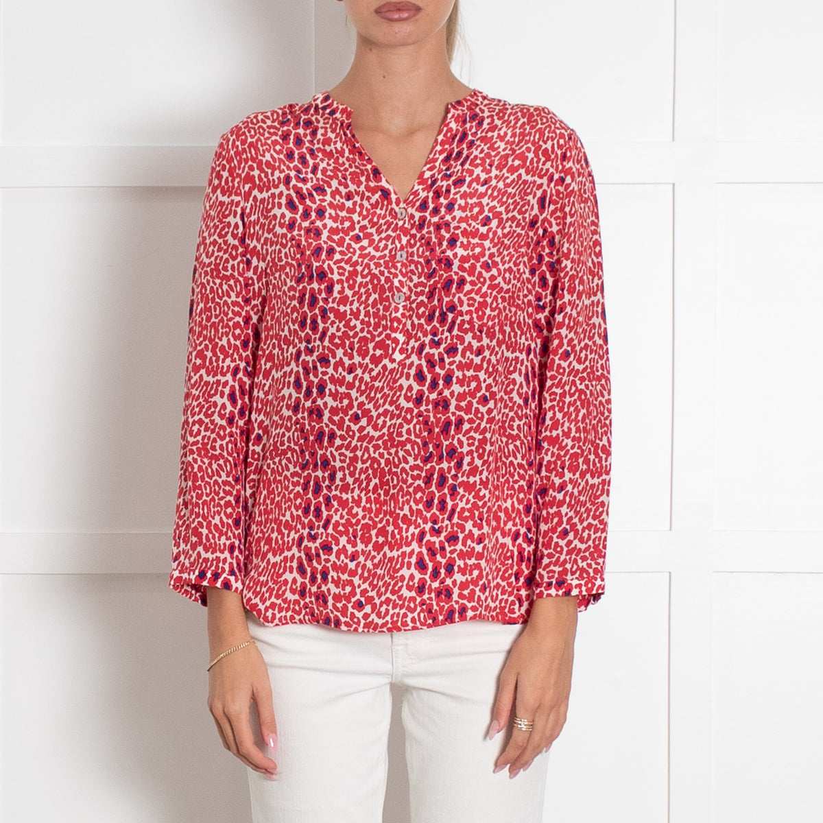 Mercy Delta Red Animal Print Collarless Blouse