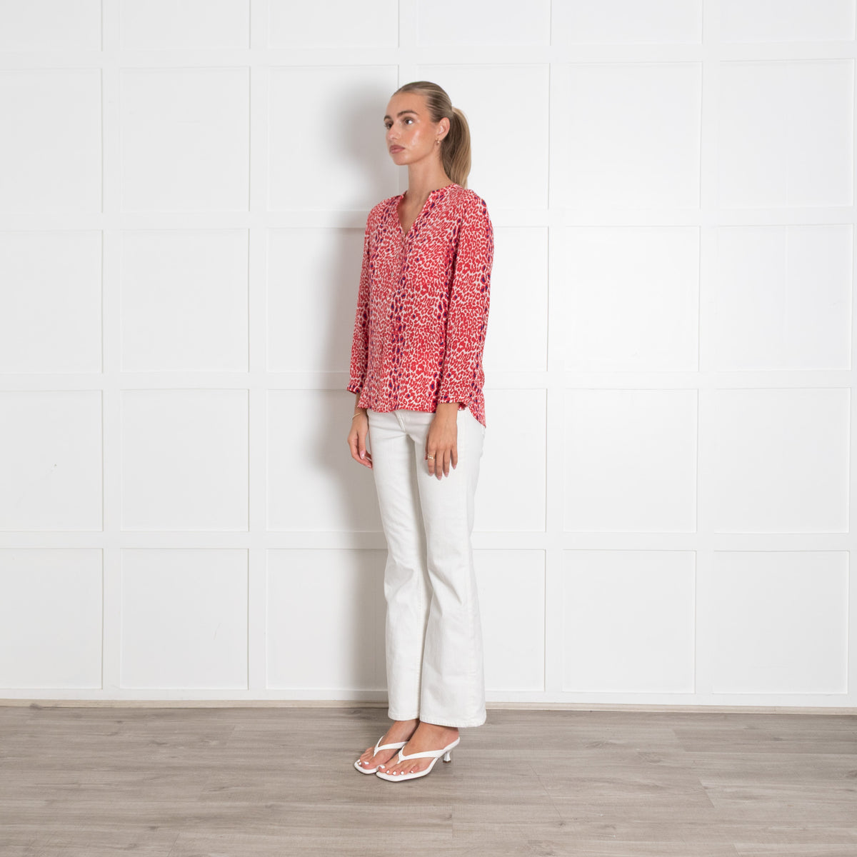 Mercy Delta Red Animal Print Collarless Blouse