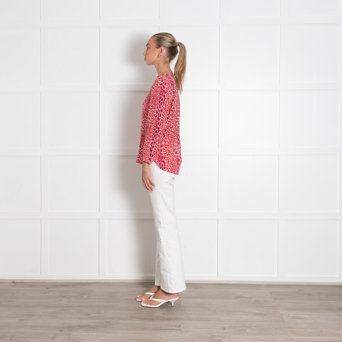 Mercy Delta Red Animal Print Collarless Blouse