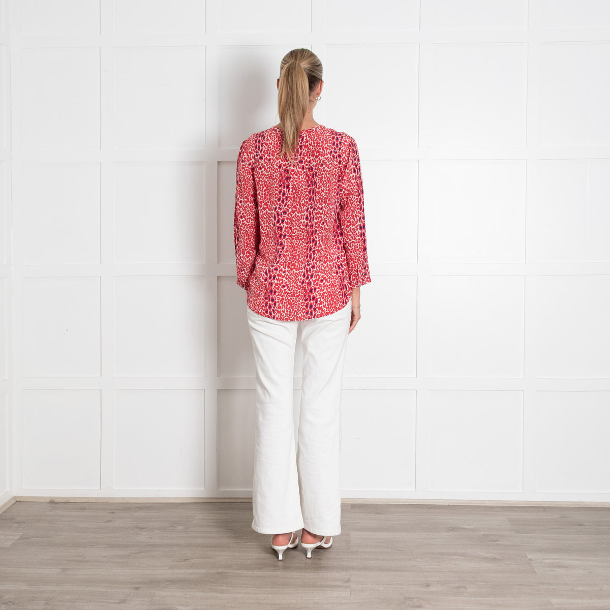 Mercy Delta Red Animal Print Collarless Blouse