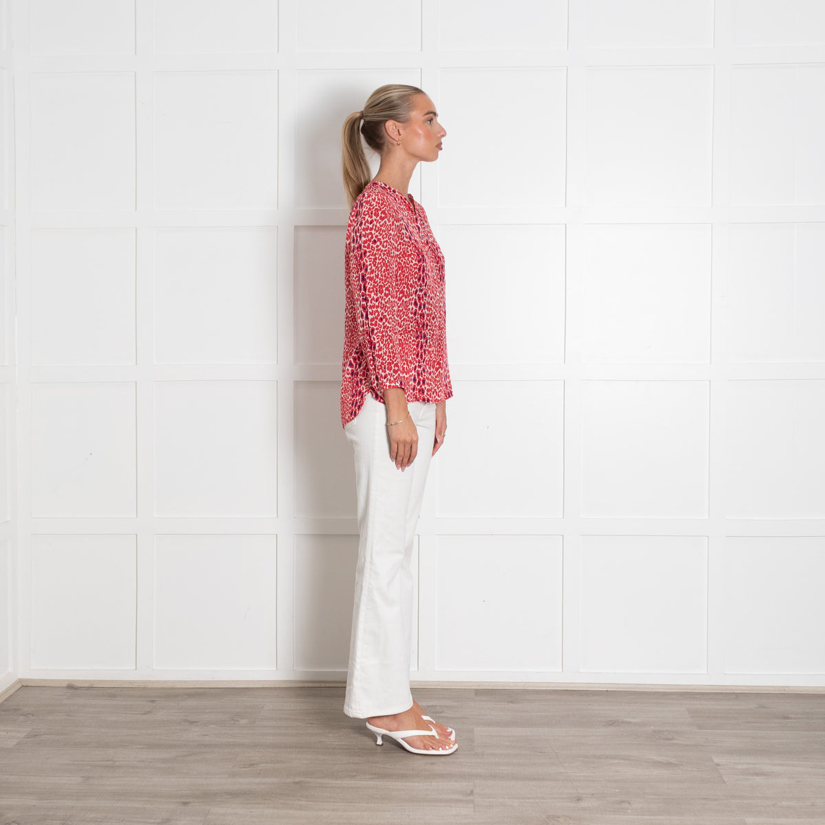 Mercy Delta Red Animal Print Collarless Blouse