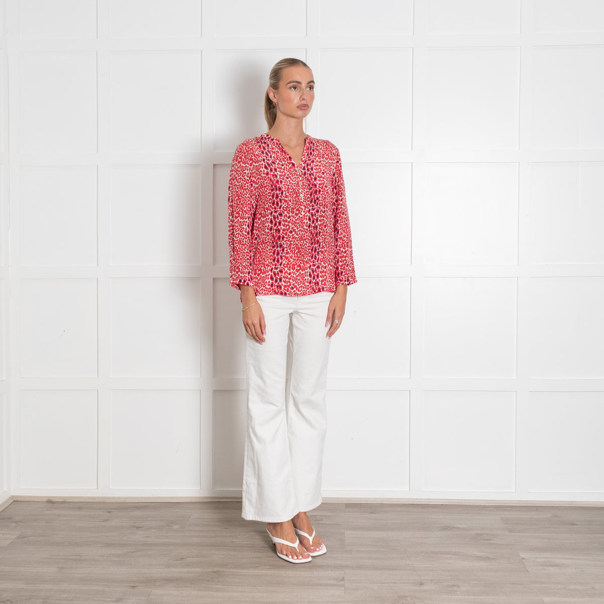 Mercy Delta Red Animal Print Collarless Blouse
