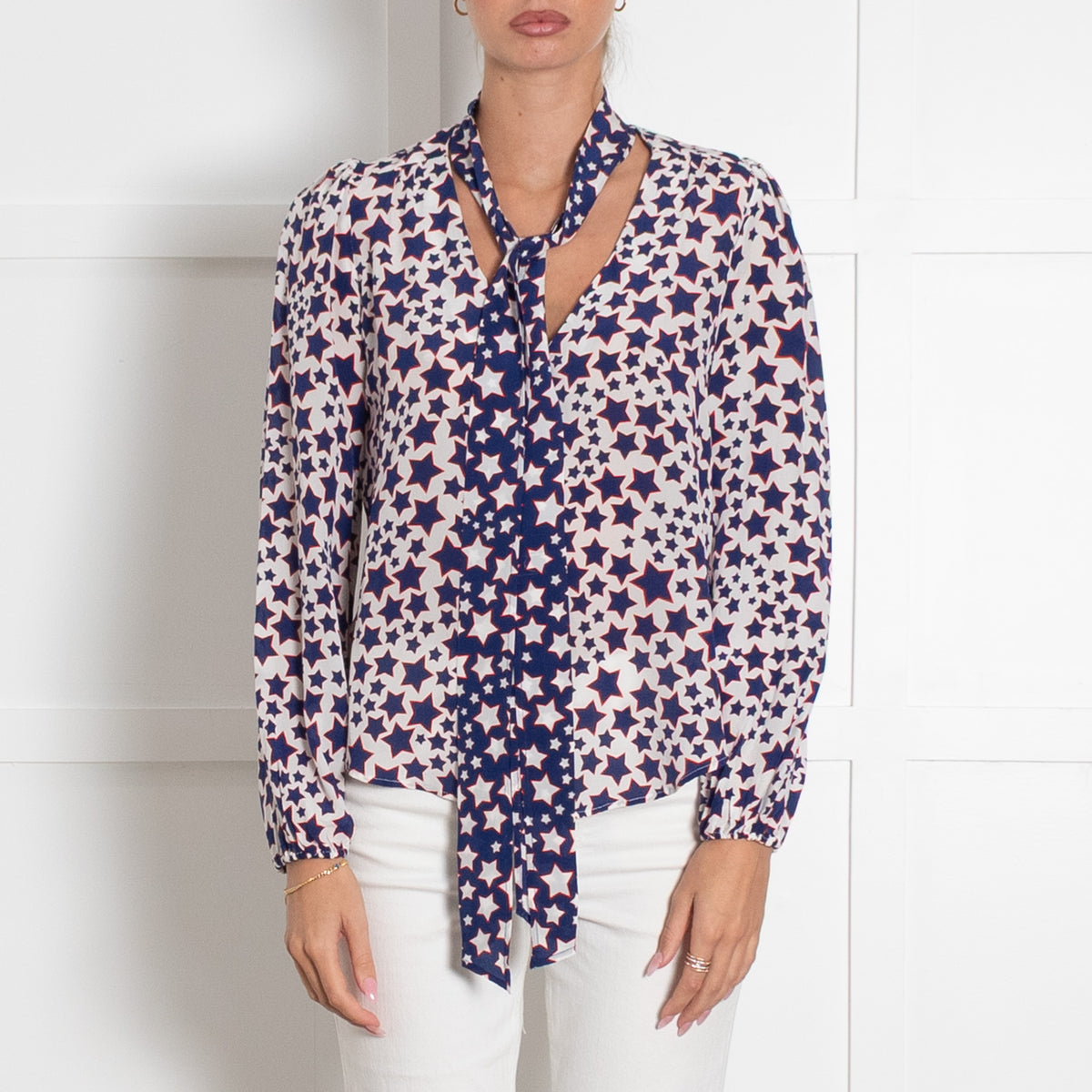 Rixo Blue Red and White Star Print Tie Neck Blouse