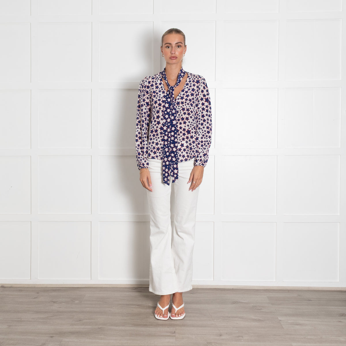 Rixo Blue Red and White Star Print Tie Neck Blouse