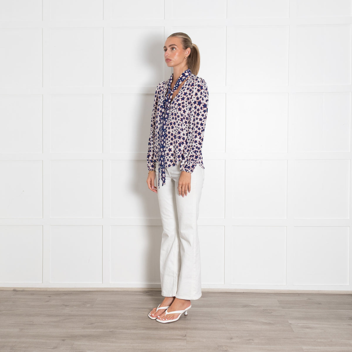 Rixo Blue Red and White Star Print Tie Neck Blouse