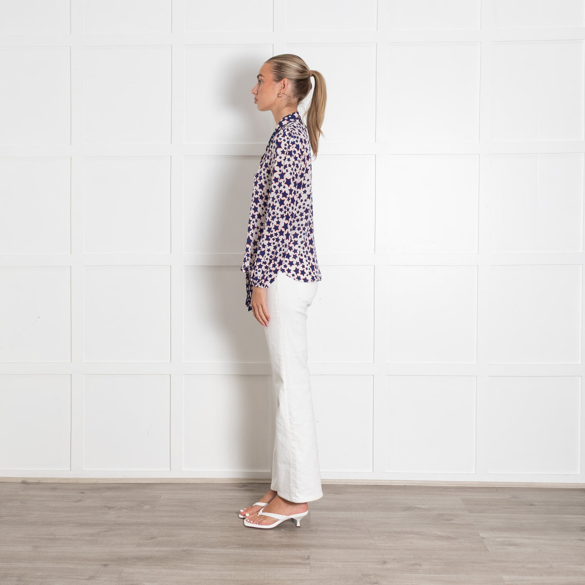 Rixo Blue Red and White Star Print Tie Neck Blouse