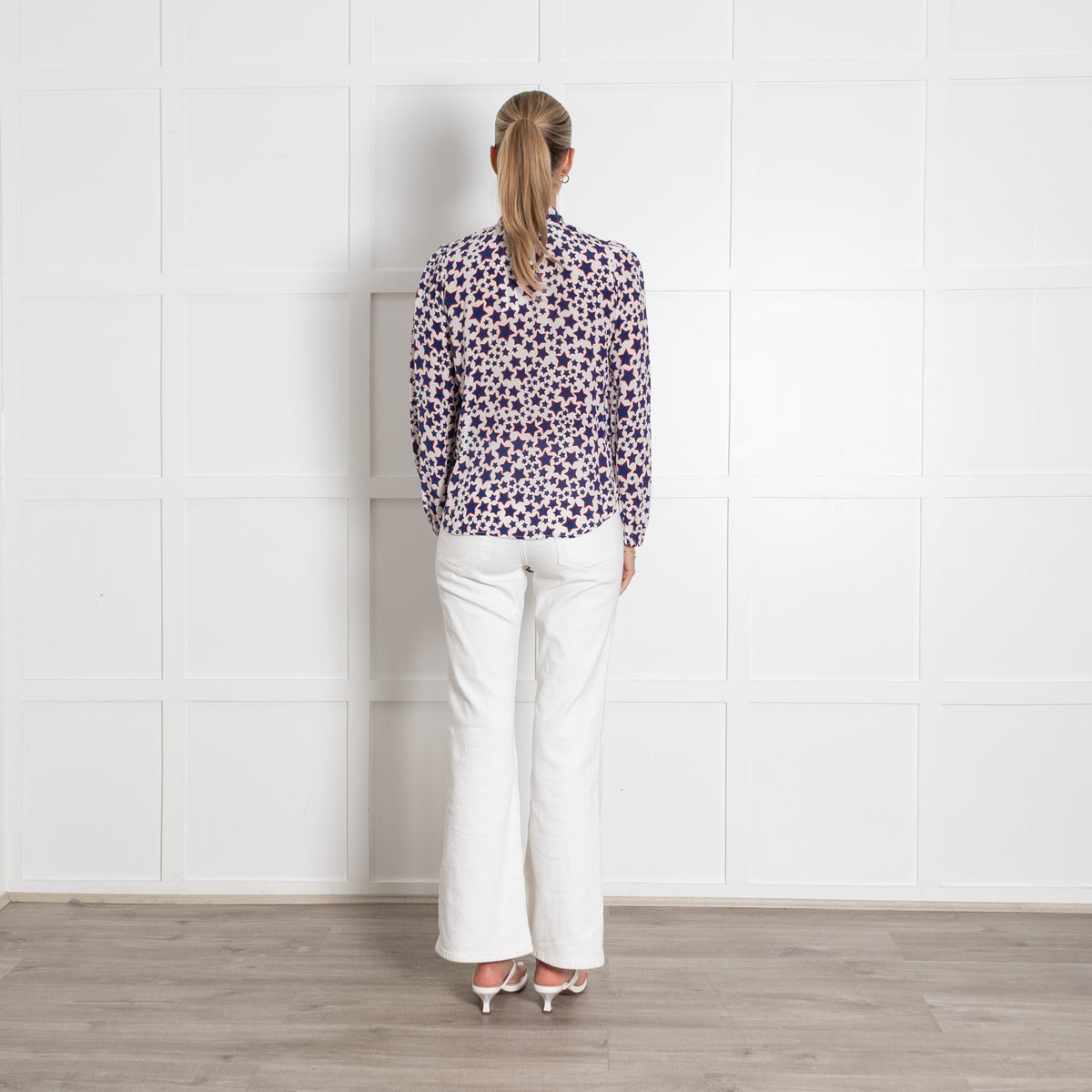 Rixo Blue Red and White Star Print Tie Neck Blouse