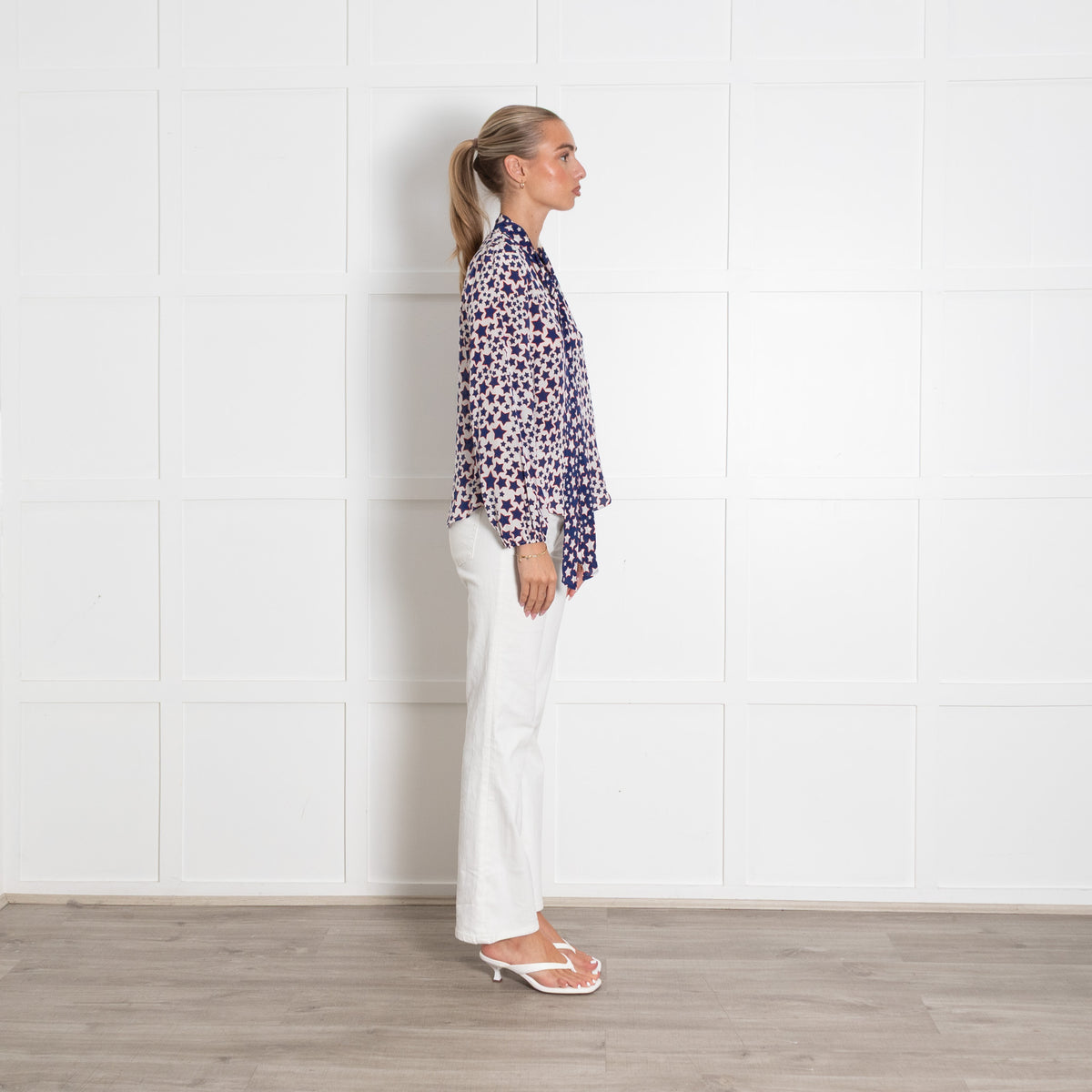 Rixo Blue Red and White Star Print Tie Neck Blouse