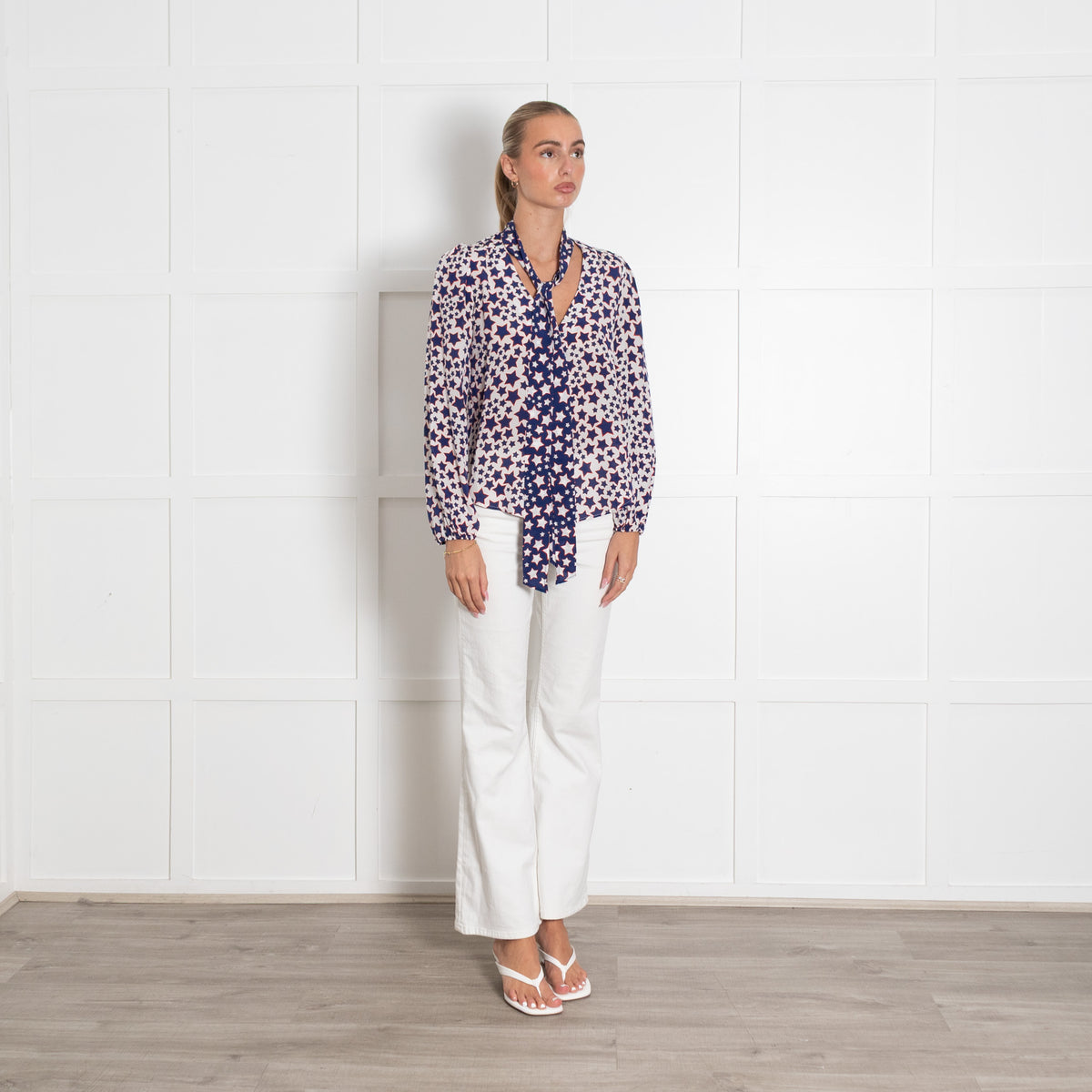 Rixo Blue Red and White Star Print Tie Neck Blouse