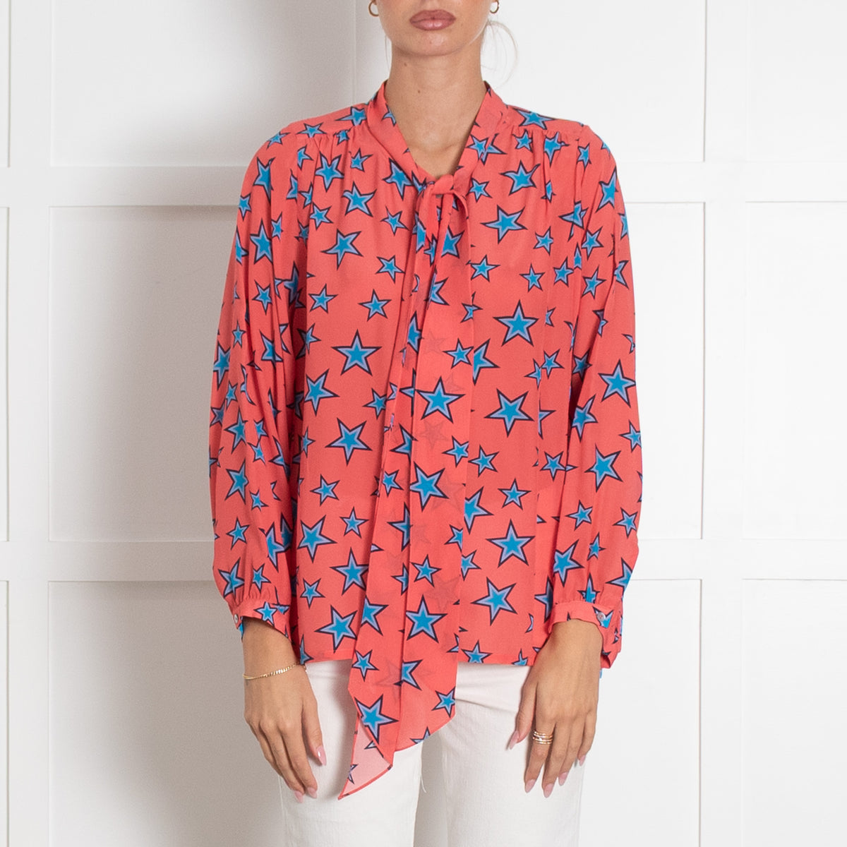 Mercy Delta Coral Blue Star Pussy Bow Blouse