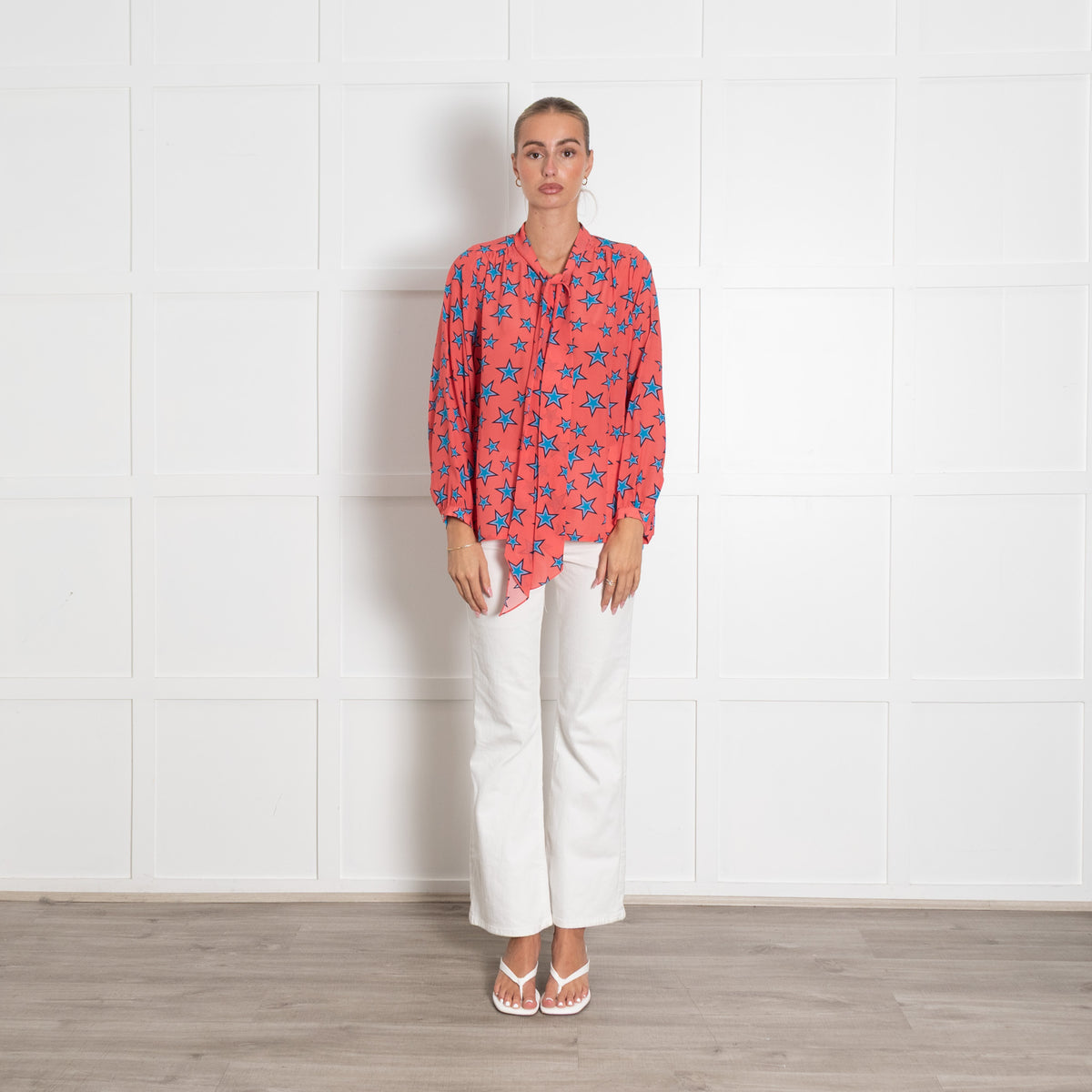 Mercy Delta Coral Blue Star Pussy Bow Blouse