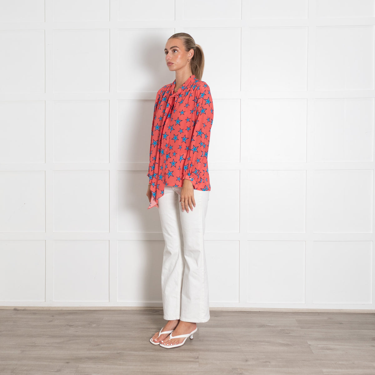 Mercy Delta Coral Blue Star Pussy Bow Blouse