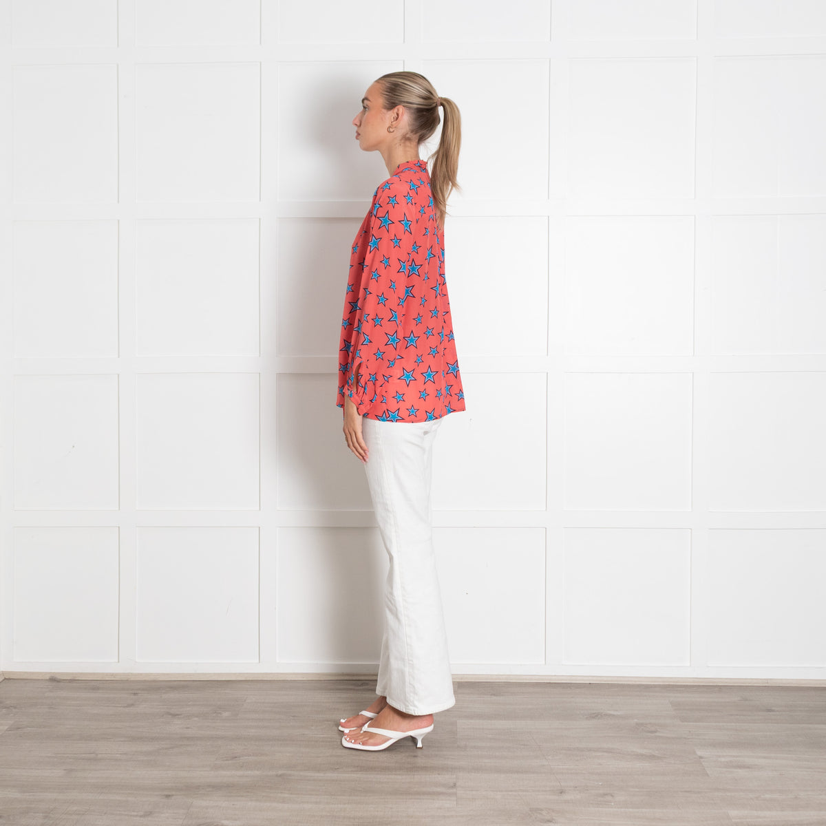 Mercy Delta Coral Blue Star Pussy Bow Blouse