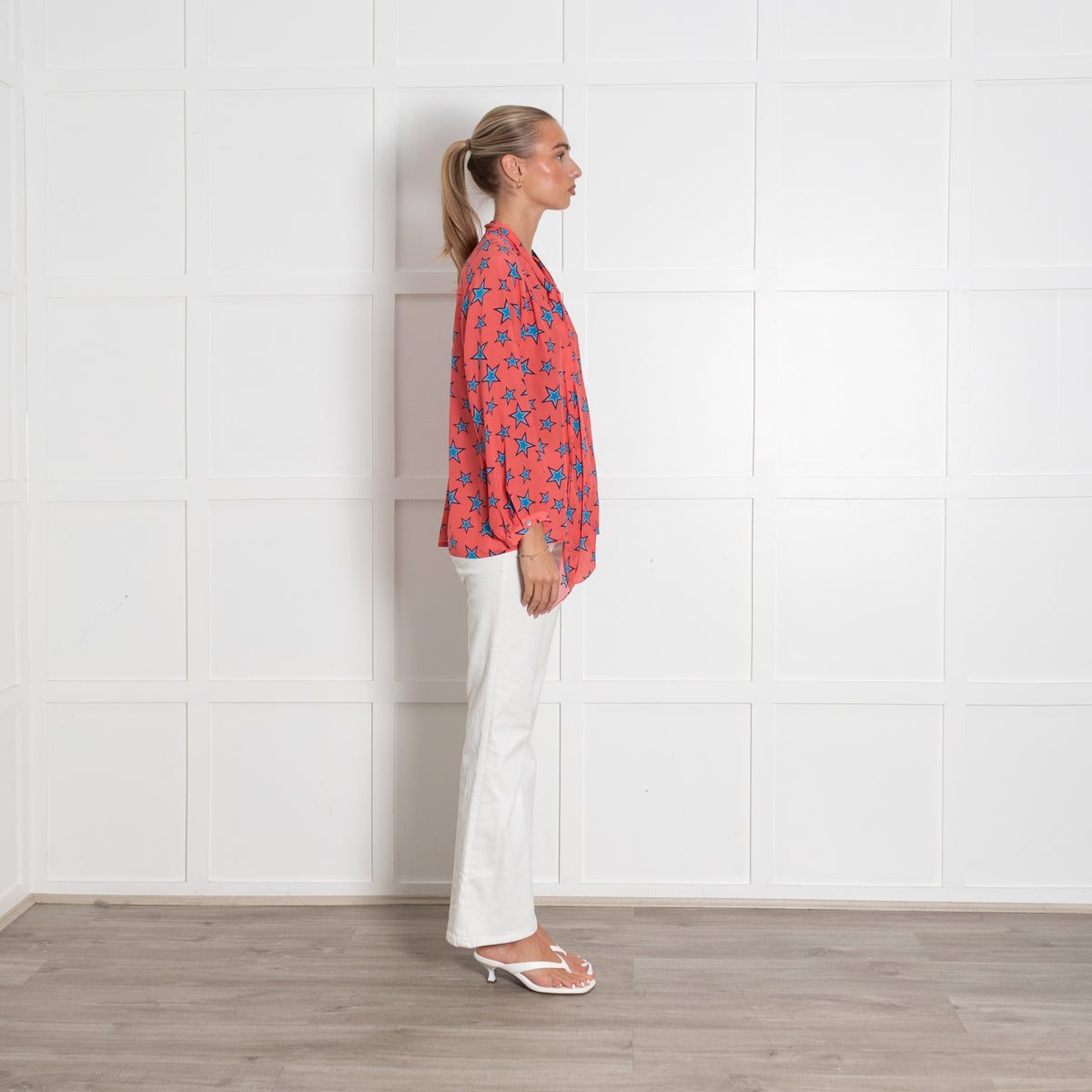 Mercy Delta Coral Blue Star Pussy Bow Blouse