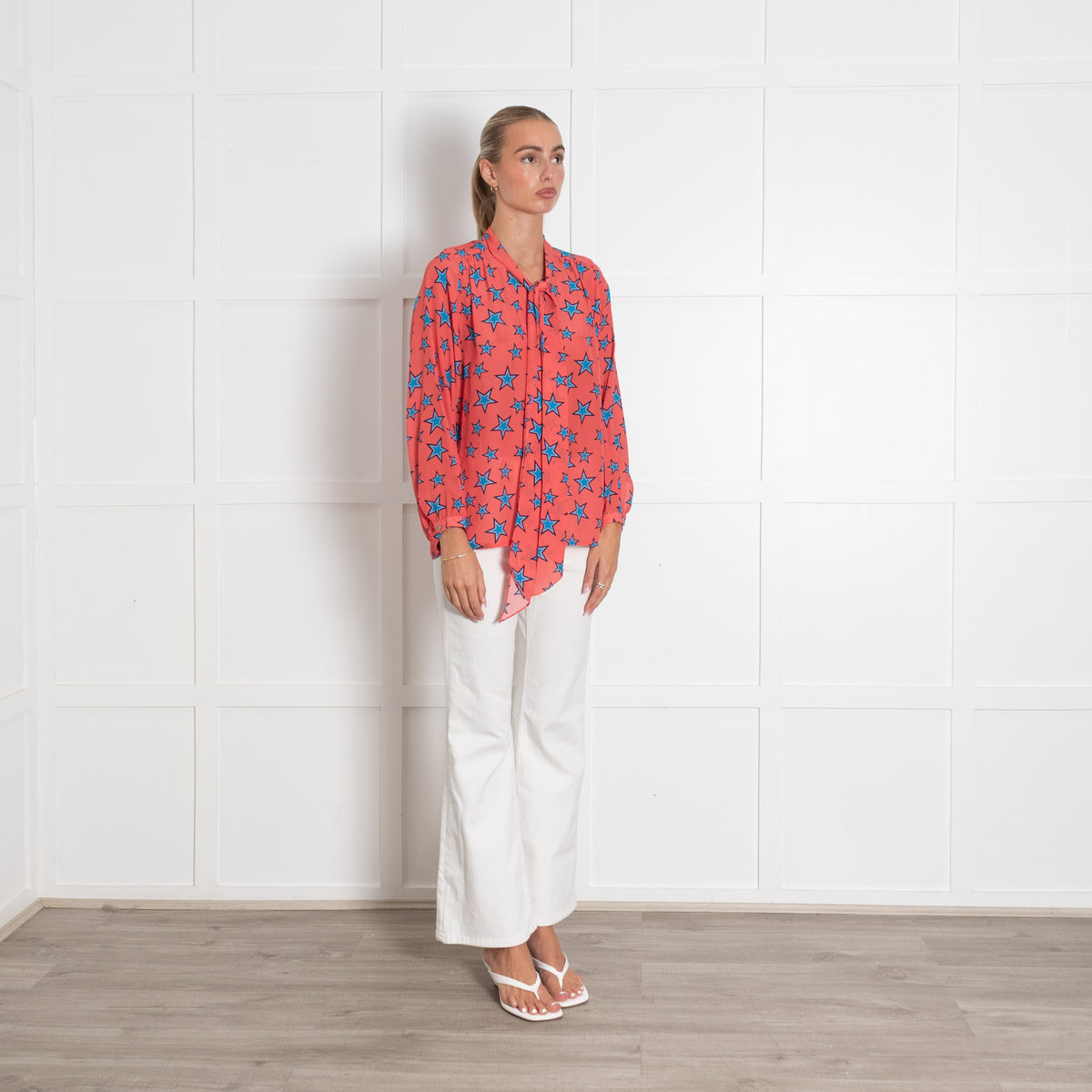 Mercy Delta Coral Blue Star Pussy Bow Blouse