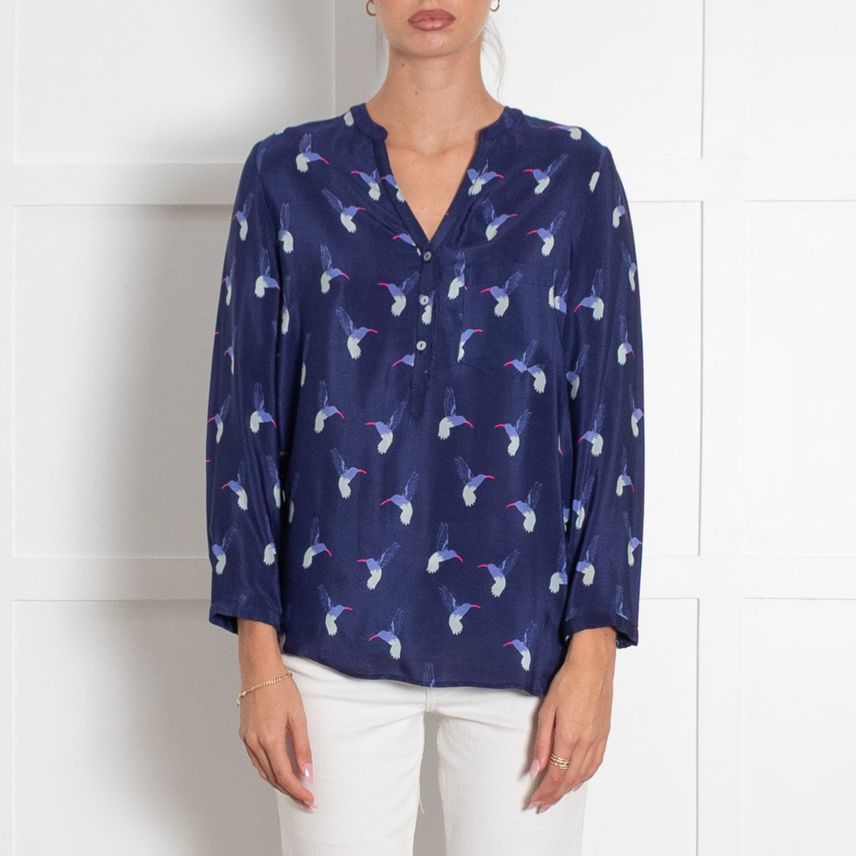 Mercy Delta Navy Hummingbird Print Collarless Blouse