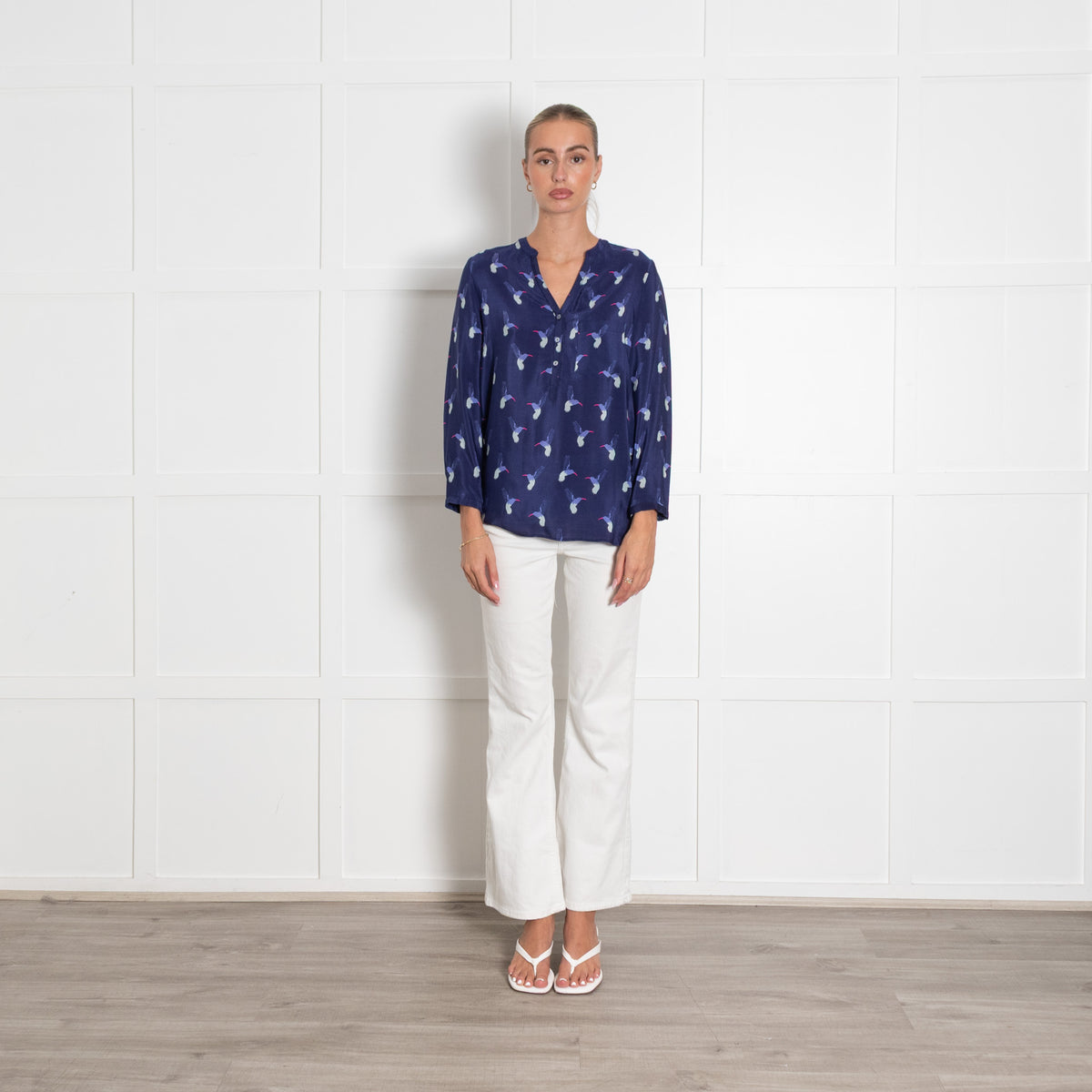 Mercy Delta Navy Hummingbird Print Collarless Blouse