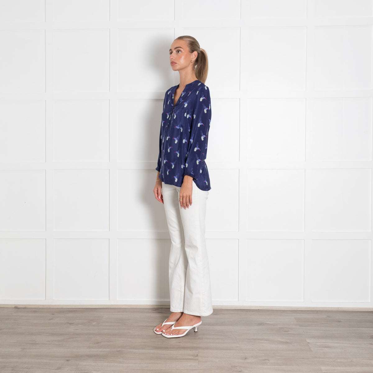 Mercy Delta Navy Hummingbird Print Collarless Blouse