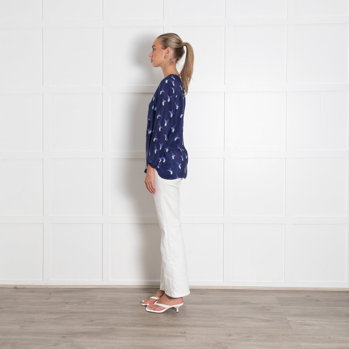 Mercy Delta Navy Hummingbird Print Collarless Blouse