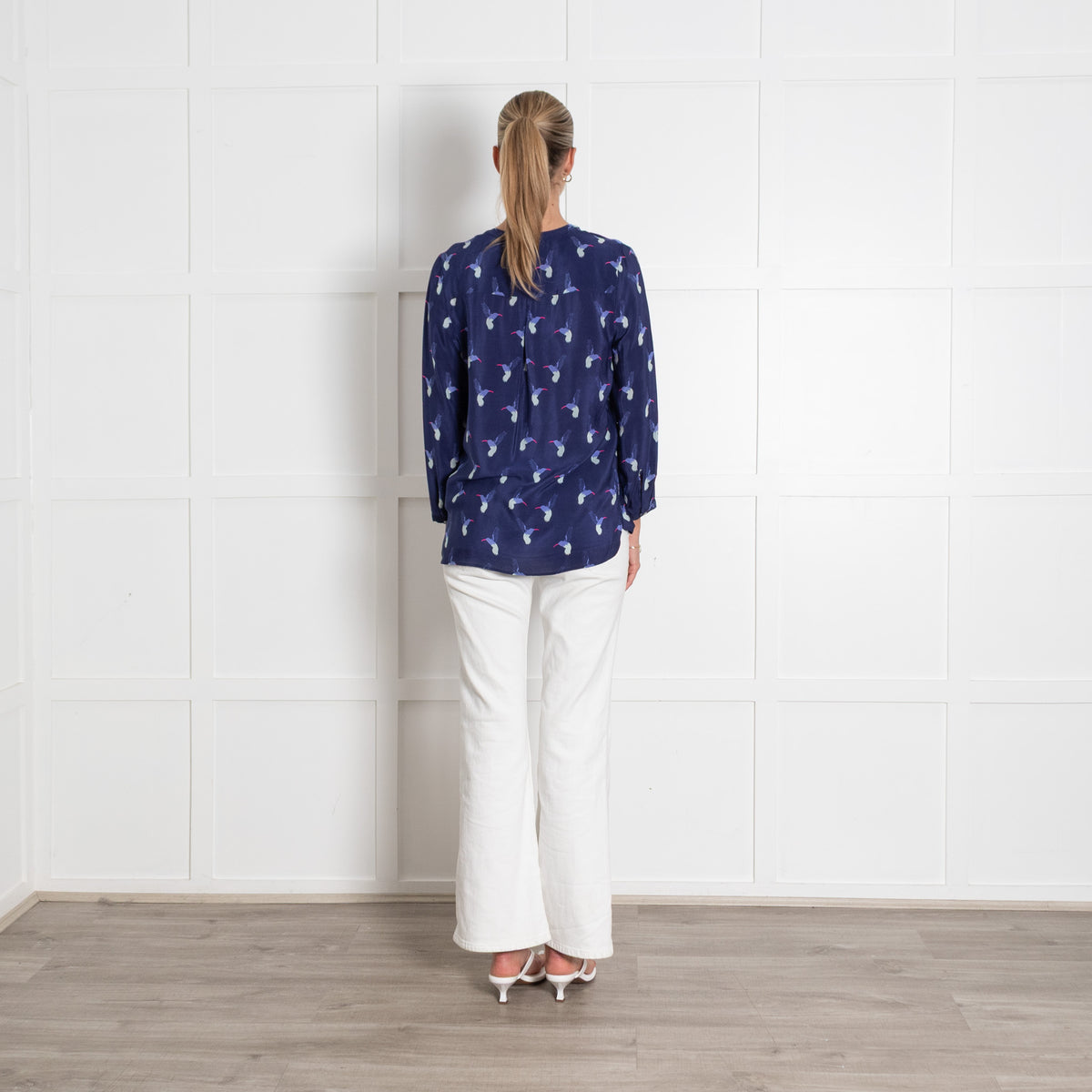 Mercy Delta Navy Hummingbird Print Collarless Blouse