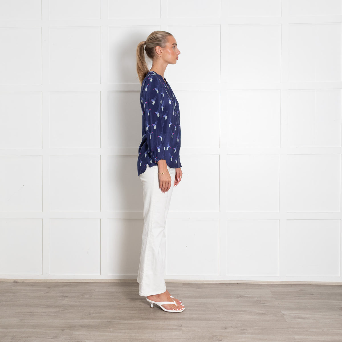 Mercy Delta Navy Hummingbird Print Collarless Blouse