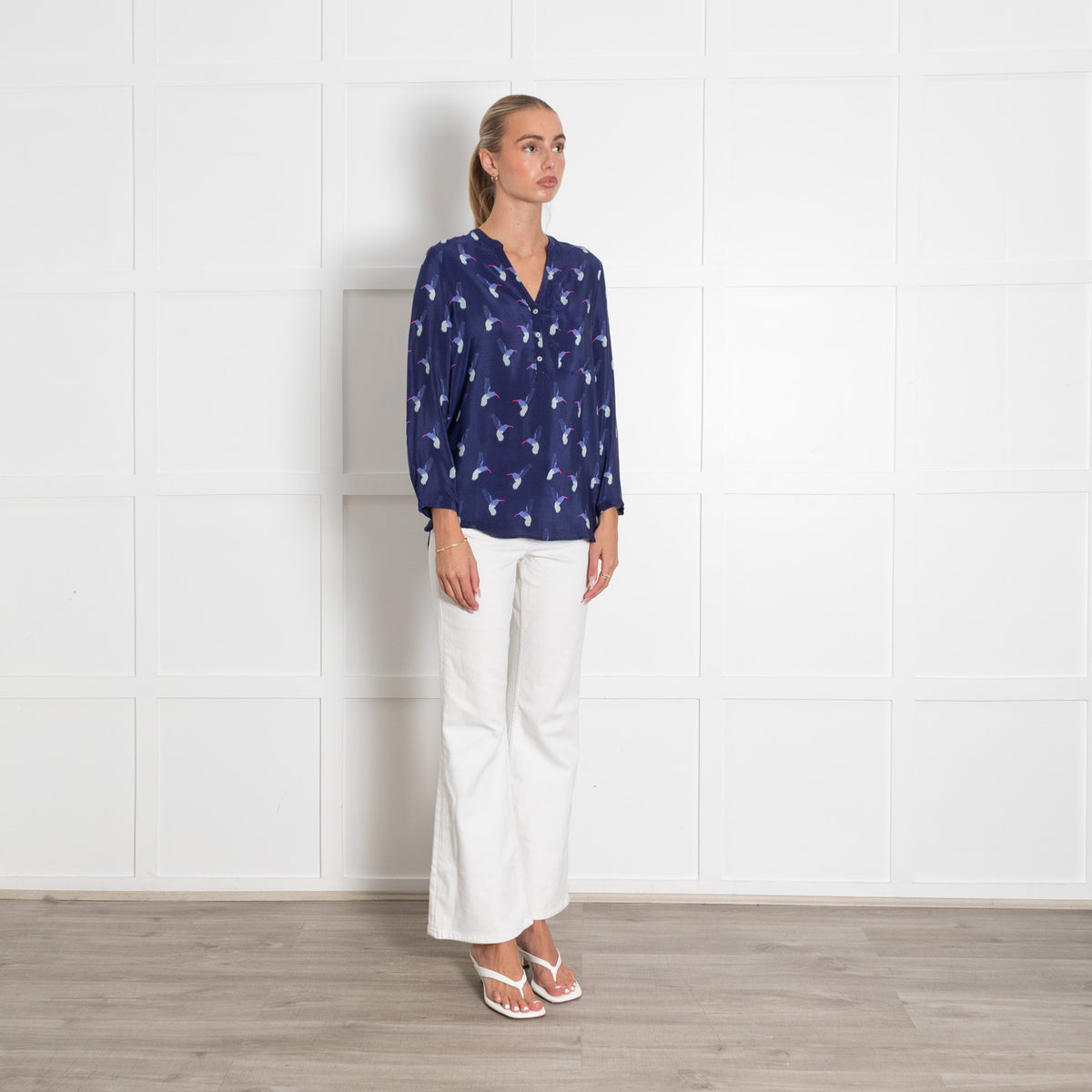 Mercy Delta Navy Hummingbird Print Collarless Blouse