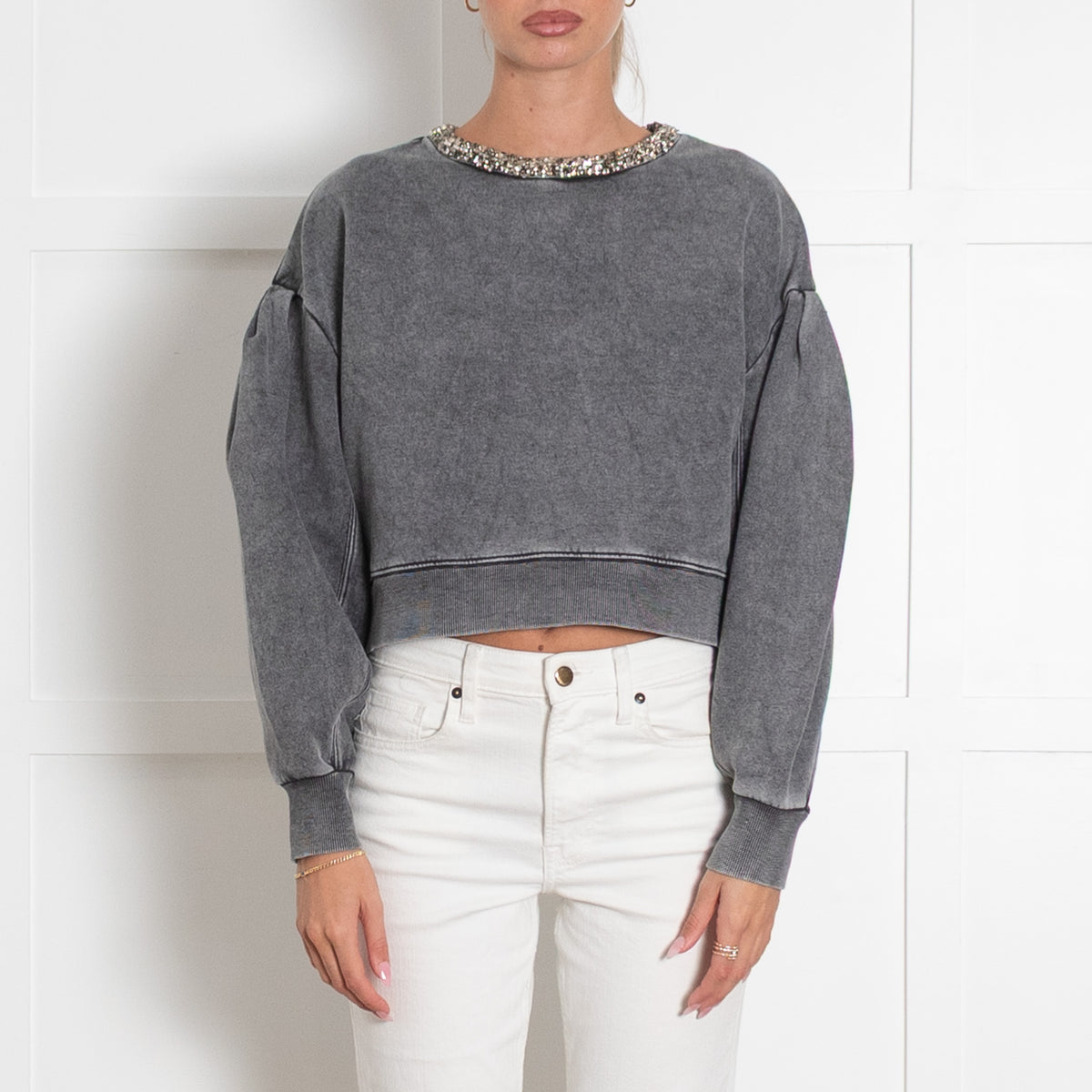 Sandro Stonewashed Grey Jewelled Collar Crop Sweatshirt