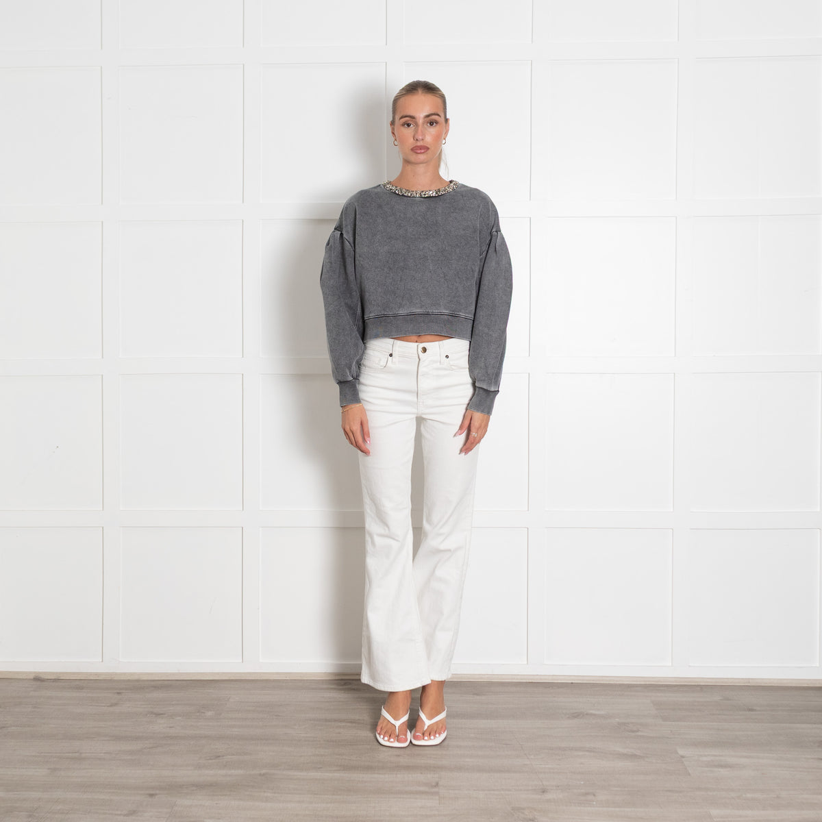 Sandro Stonewashed Grey Jewelled Collar Crop Sweatshirt