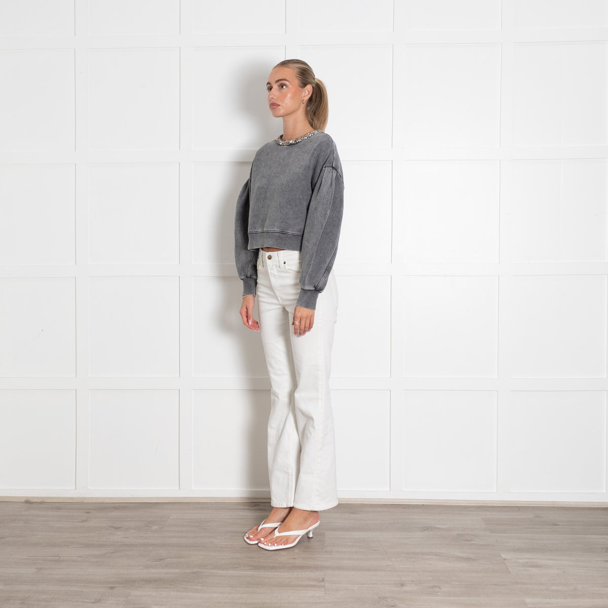 Sandro Stonewashed Grey Jewelled Collar Crop Sweatshirt