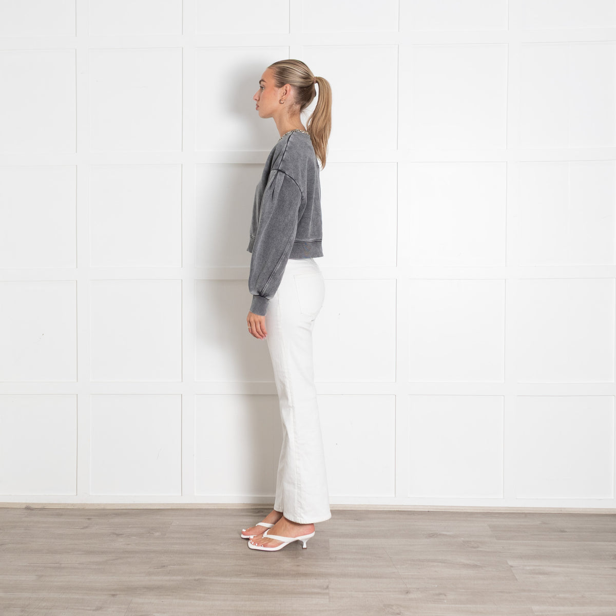 Sandro Stonewashed Grey Jewelled Collar Crop Sweatshirt