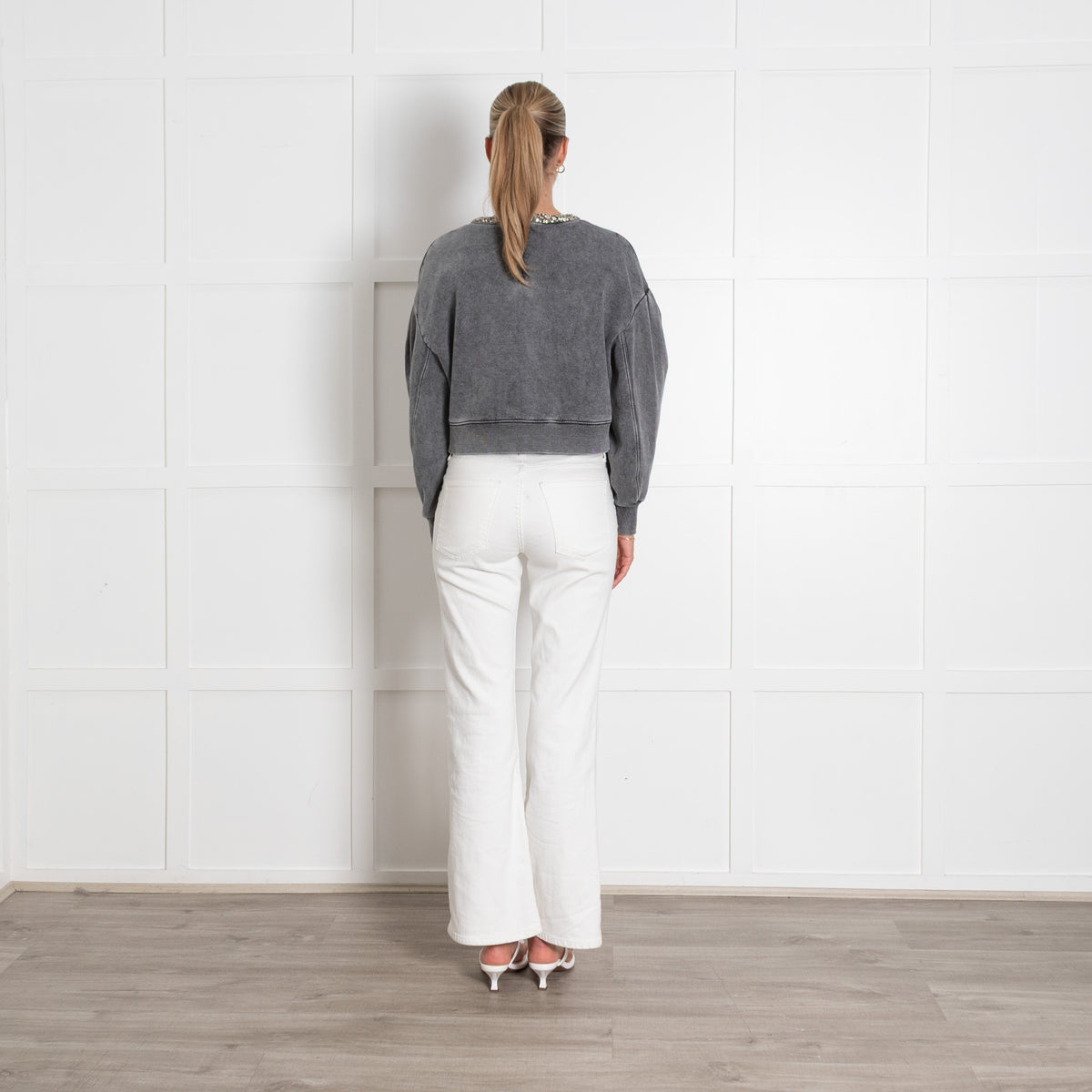 Sandro Stonewashed Grey Jewelled Collar Crop Sweatshirt