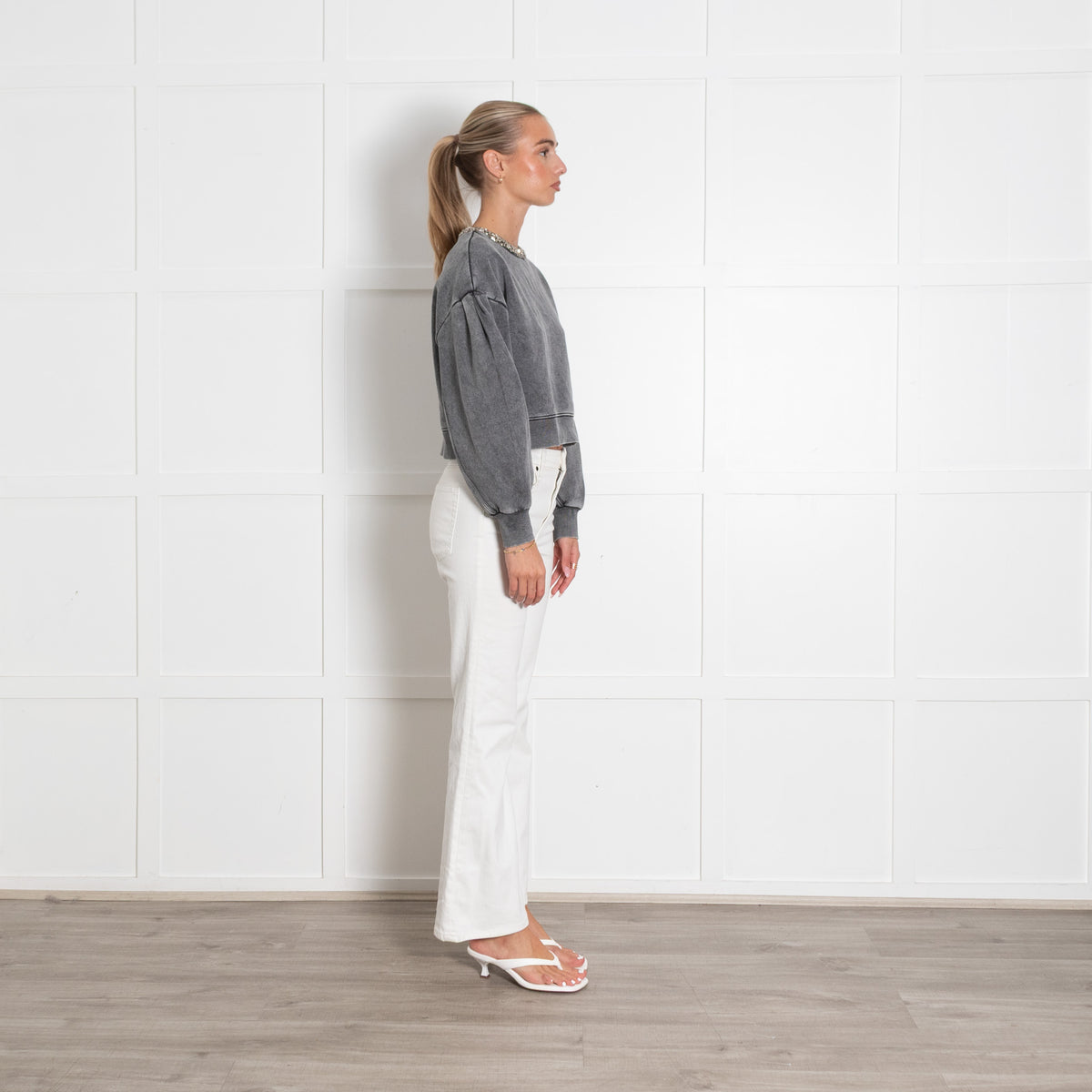Sandro Stonewashed Grey Jewelled Collar Crop Sweatshirt