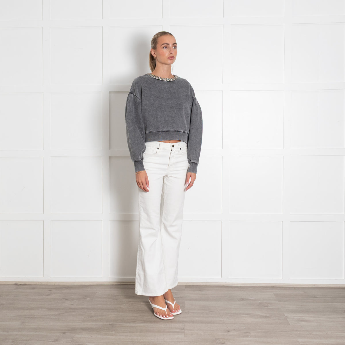 Sandro Stonewashed Grey Jewelled Collar Crop Sweatshirt