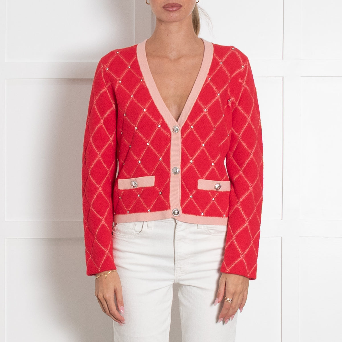 Maje Pink Jacquard Short Cardigan with Rhinestones