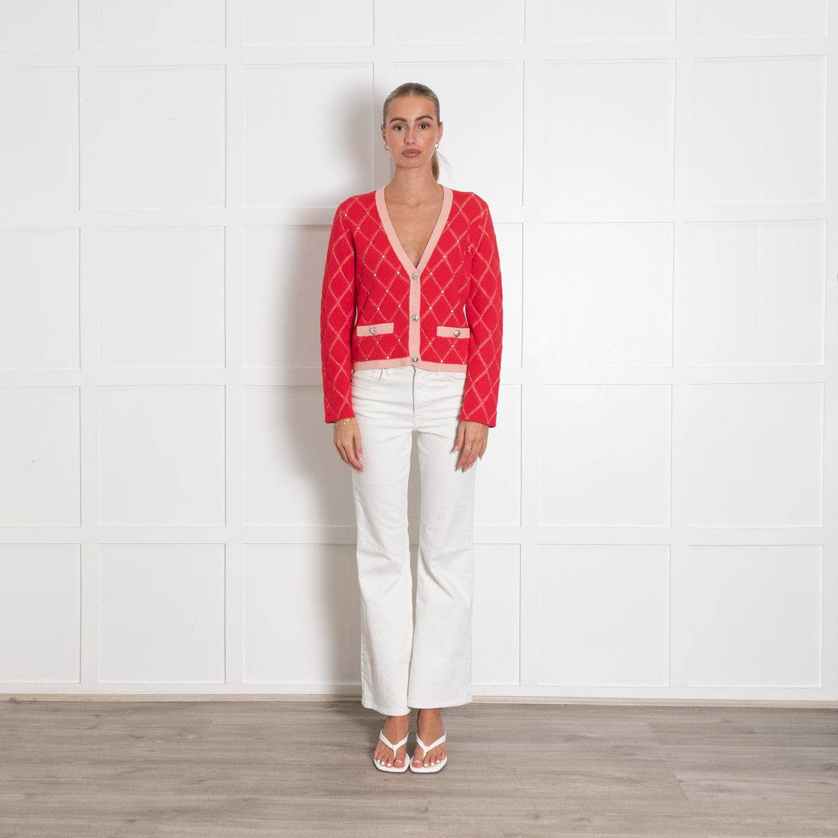 Maje Pink Jacquard Short Cardigan with Rhinestones