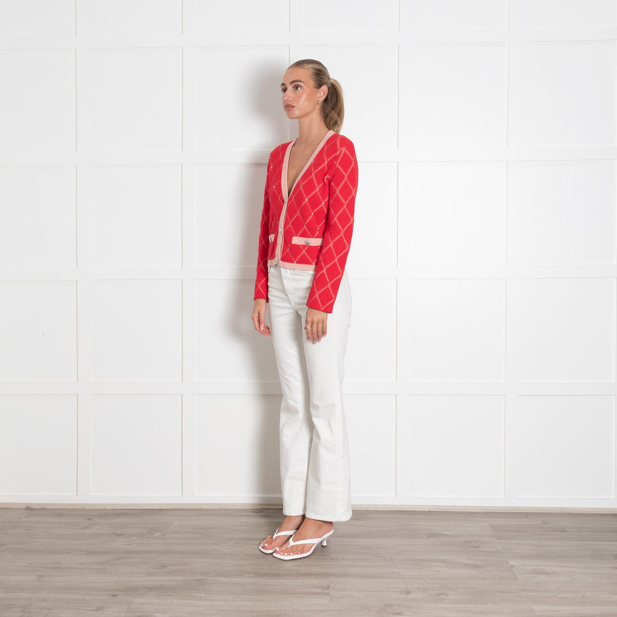 Maje Pink Jacquard Short Cardigan with Rhinestones