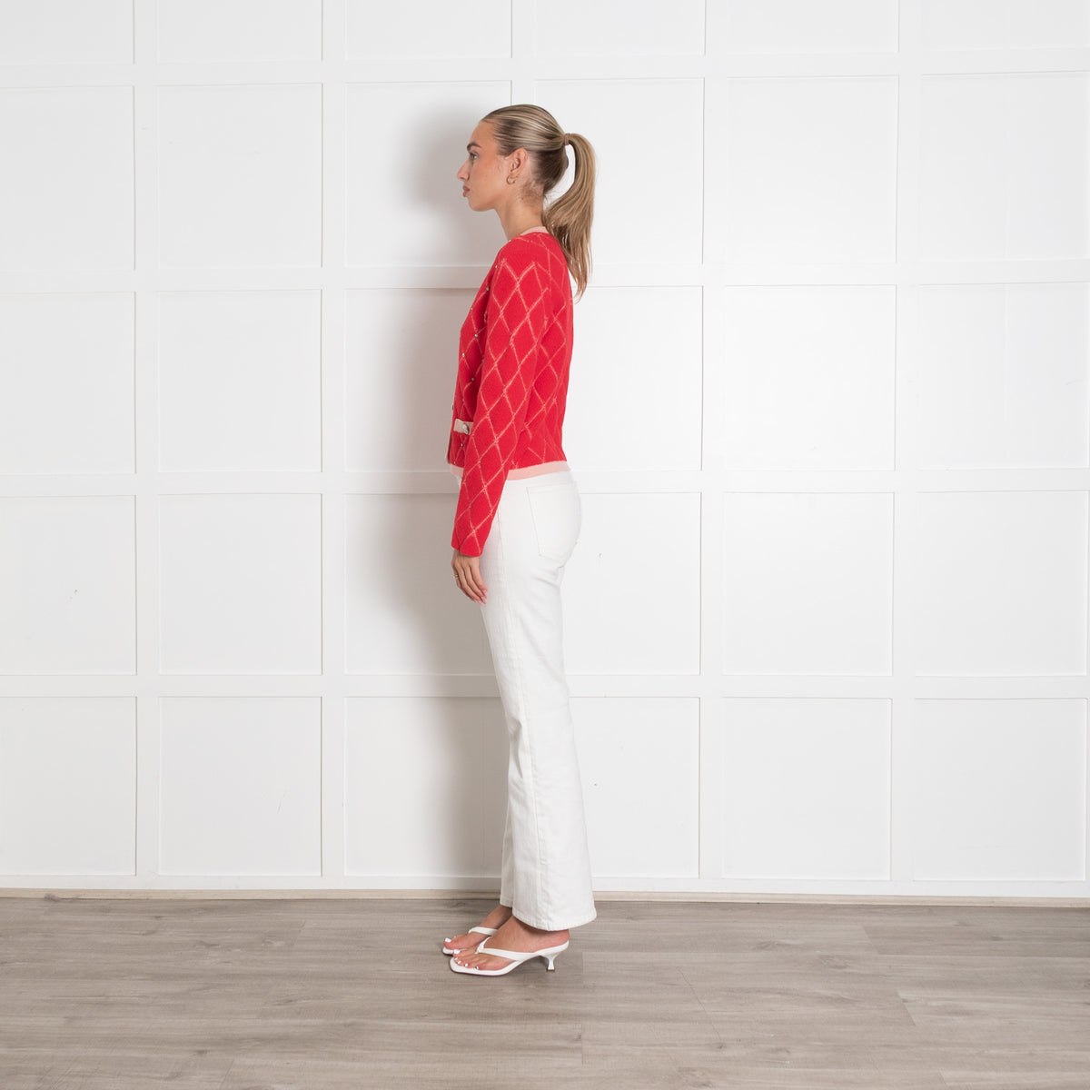 Maje Pink Jacquard Short Cardigan with Rhinestones