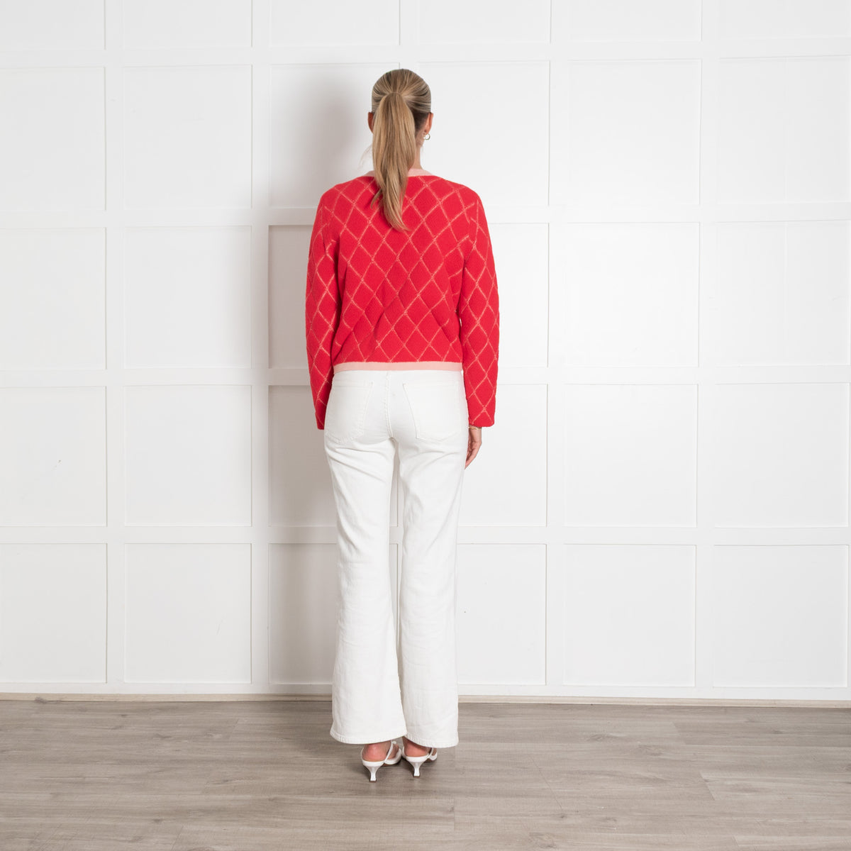Maje Pink Jacquard Short Cardigan with Rhinestones