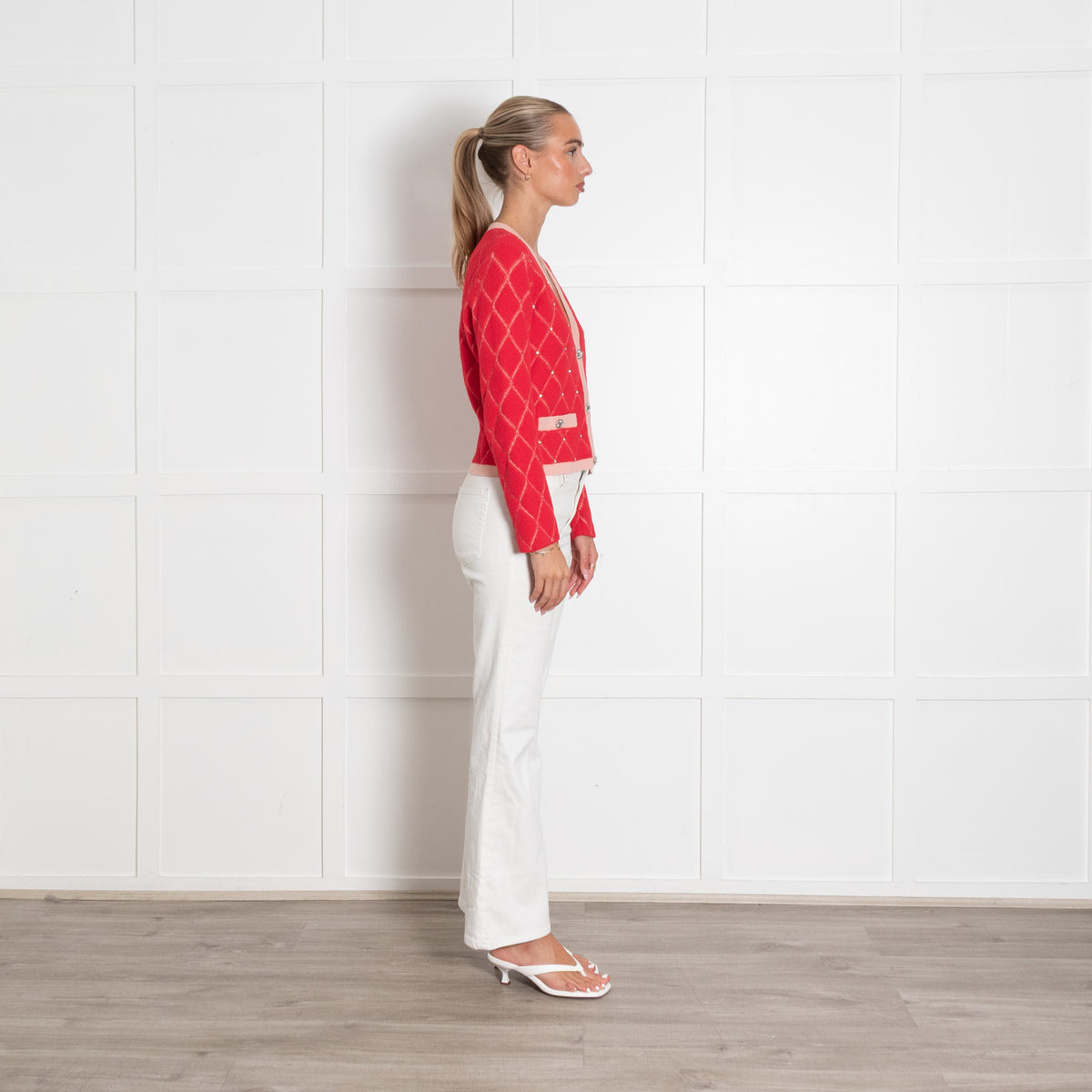 Maje Pink Jacquard Short Cardigan with Rhinestones