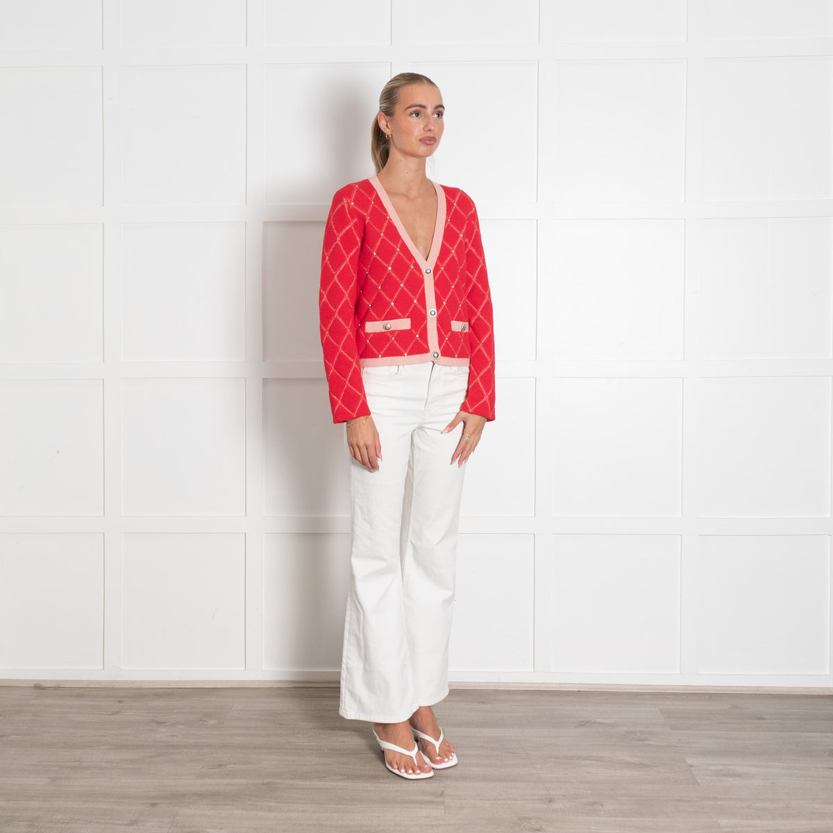 Maje Pink Jacquard Short Cardigan with Rhinestones
