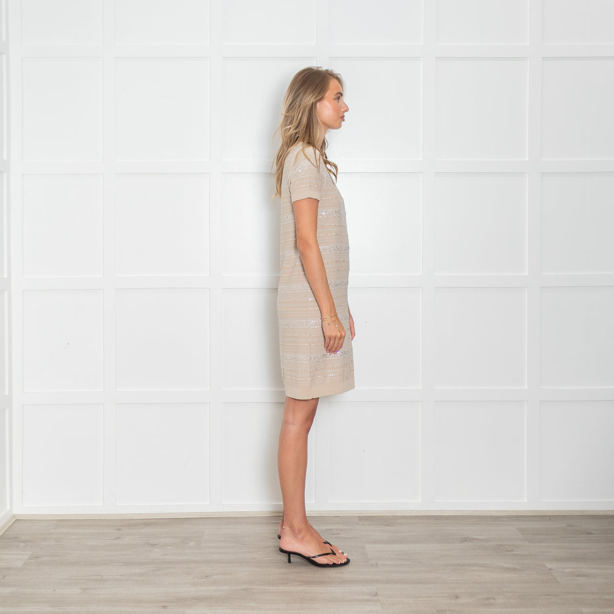 Amina Rubinacci Short Sleeve Dress With Silver Sequin Stripes