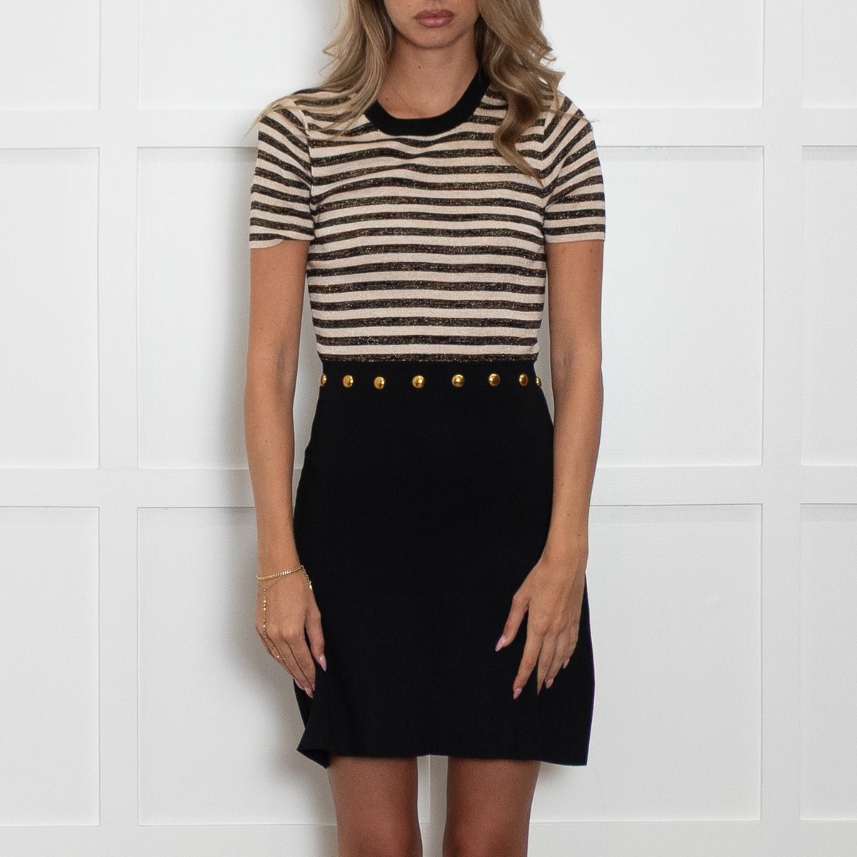 Sandro Cream and Black Stripe Mini Dress with Studded Waist