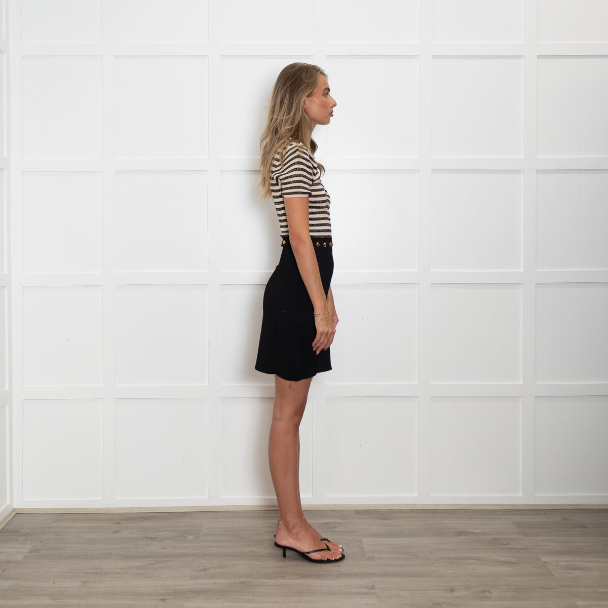 Sandro Cream and Black Stripe Mini Dress with Studded Waist