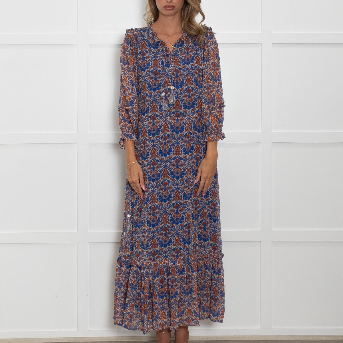 Moliin Blue and Red Floral Patterened Maxi Dress