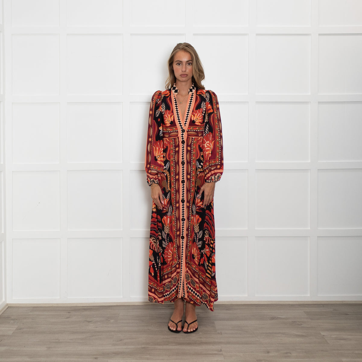 Farm Rio Orange Toned Patterned Maxi Dress with Grandad Collar