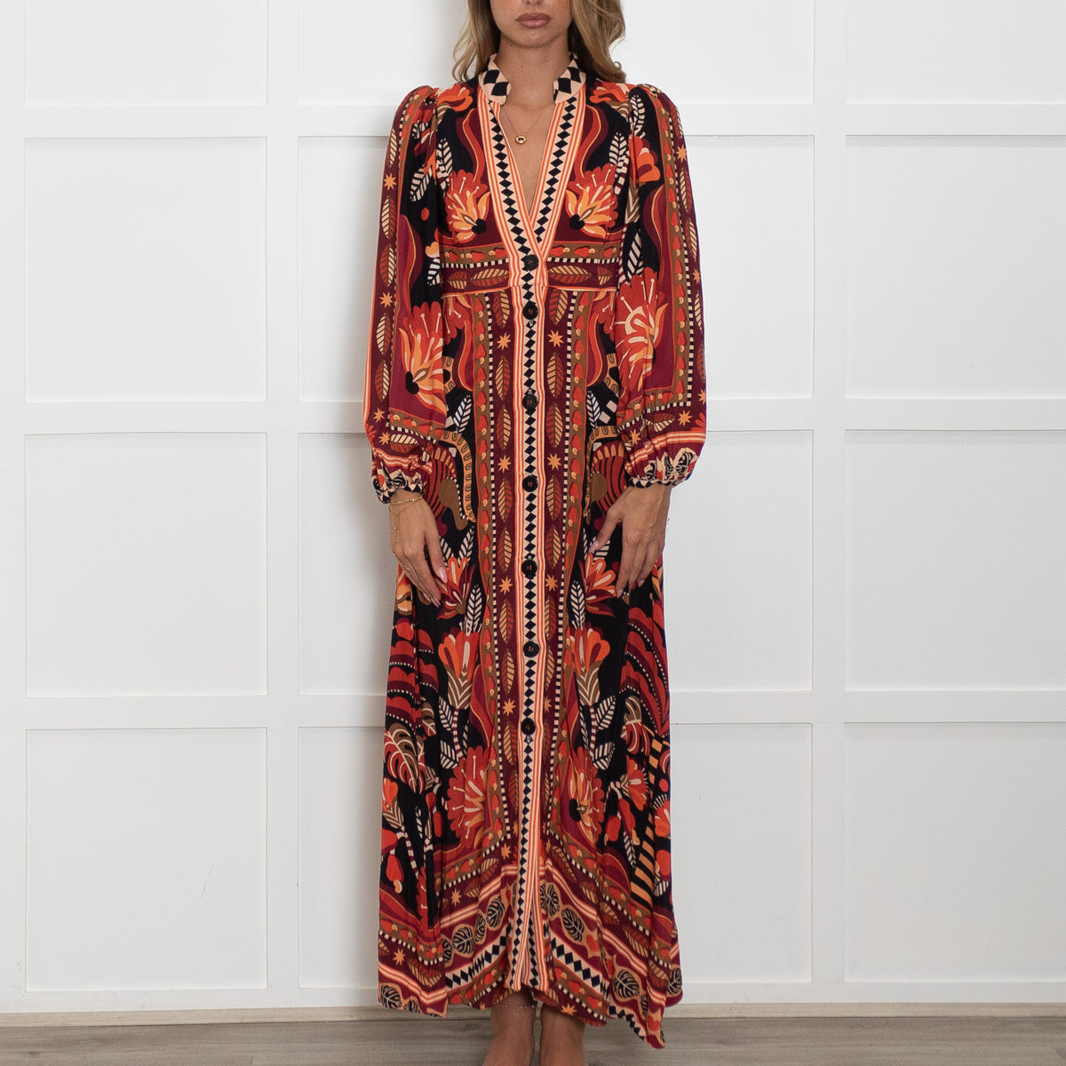 Farm Rio Orange Toned Patterned Maxi Dress with Grandad Collar