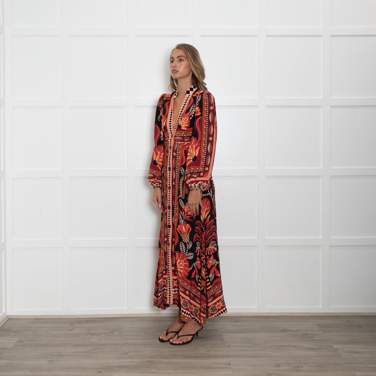 Farm Rio Orange Toned Patterned Maxi Dress with Grandad Collar