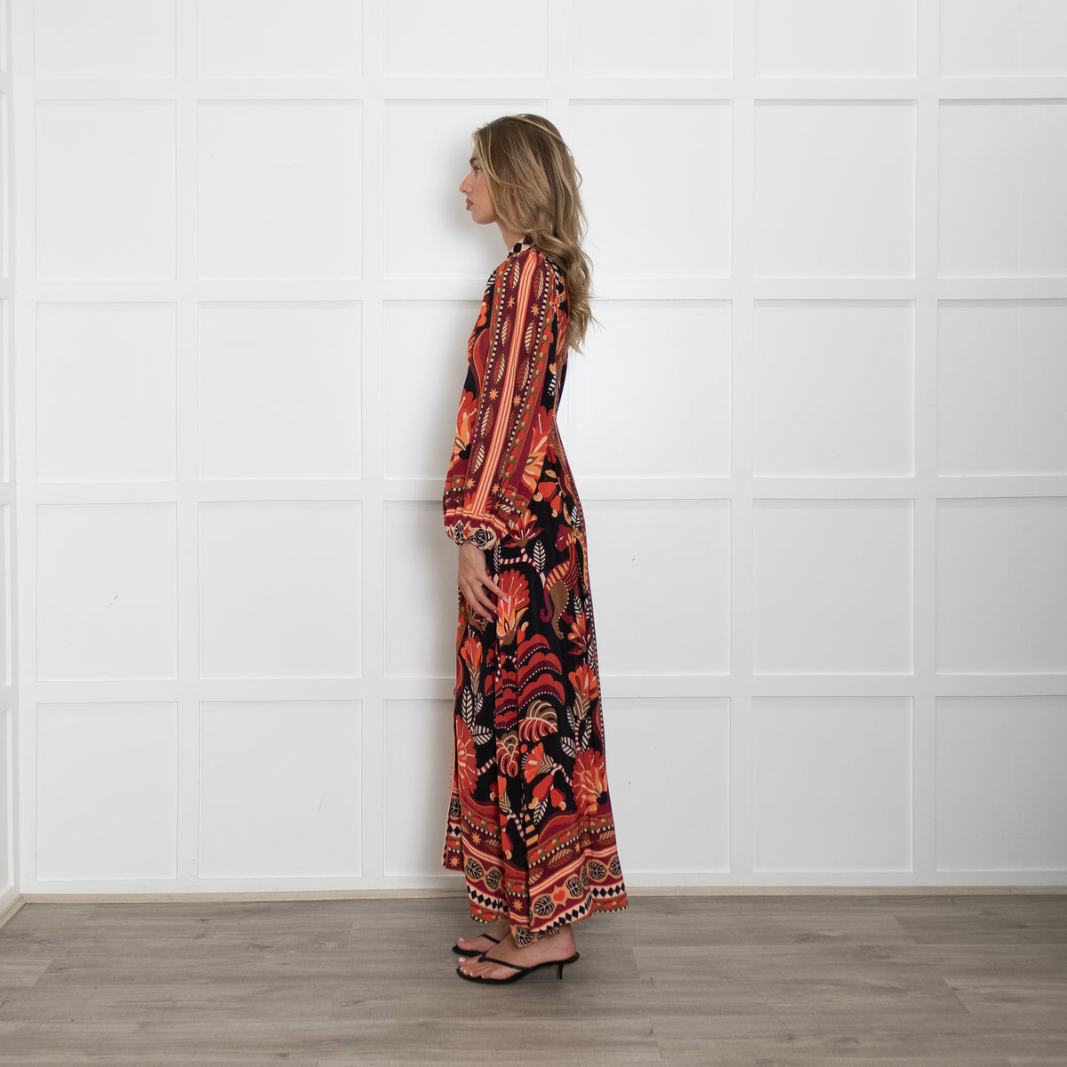 Farm Rio Orange Toned Patterned Maxi Dress with Grandad Collar