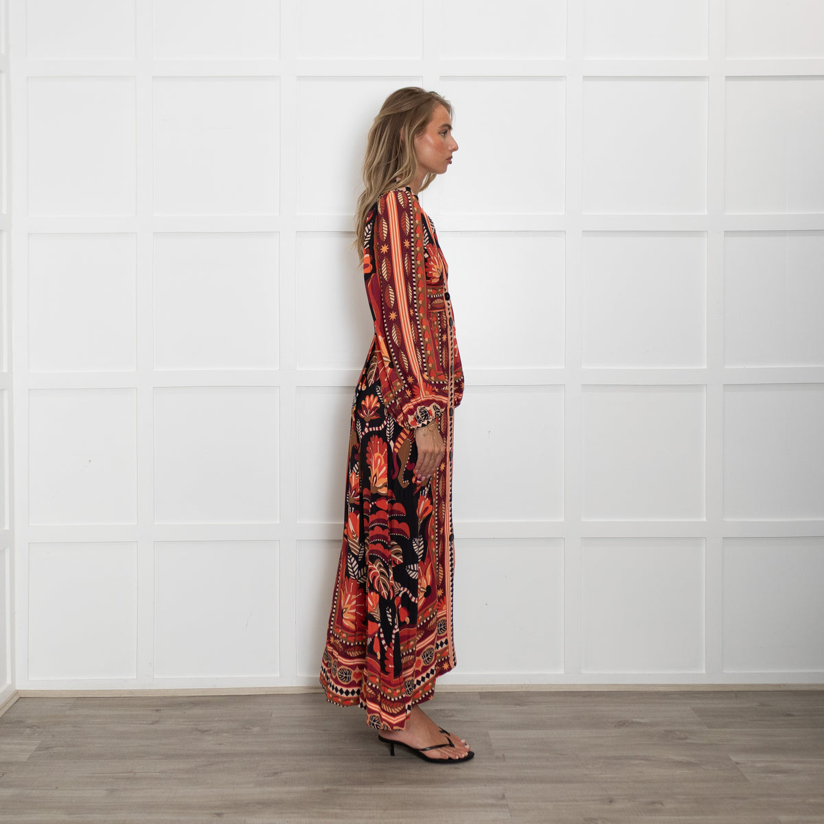 Farm Rio Orange Toned Patterned Maxi Dress with Grandad Collar